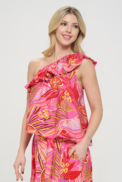 Tropical Leaf Print One Shoulder Top with Ruffle Neckline