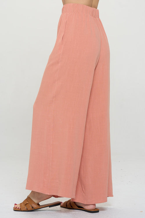 Solid Linen Wide Leg Pants with Pockets