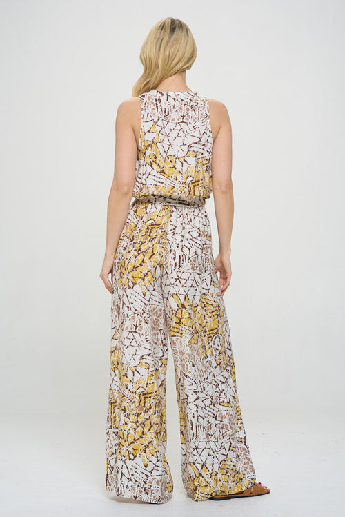 Print V neck Sleeveless Jumpsuit with Tie