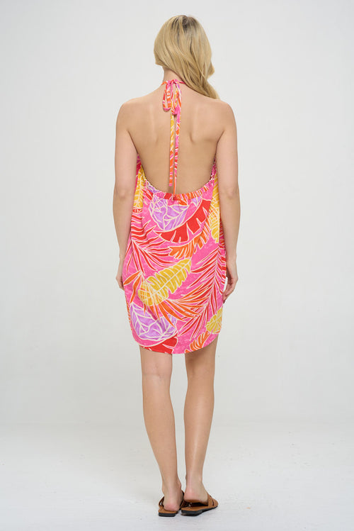 Tropical Leaf Print Halter Neck Backless Dress